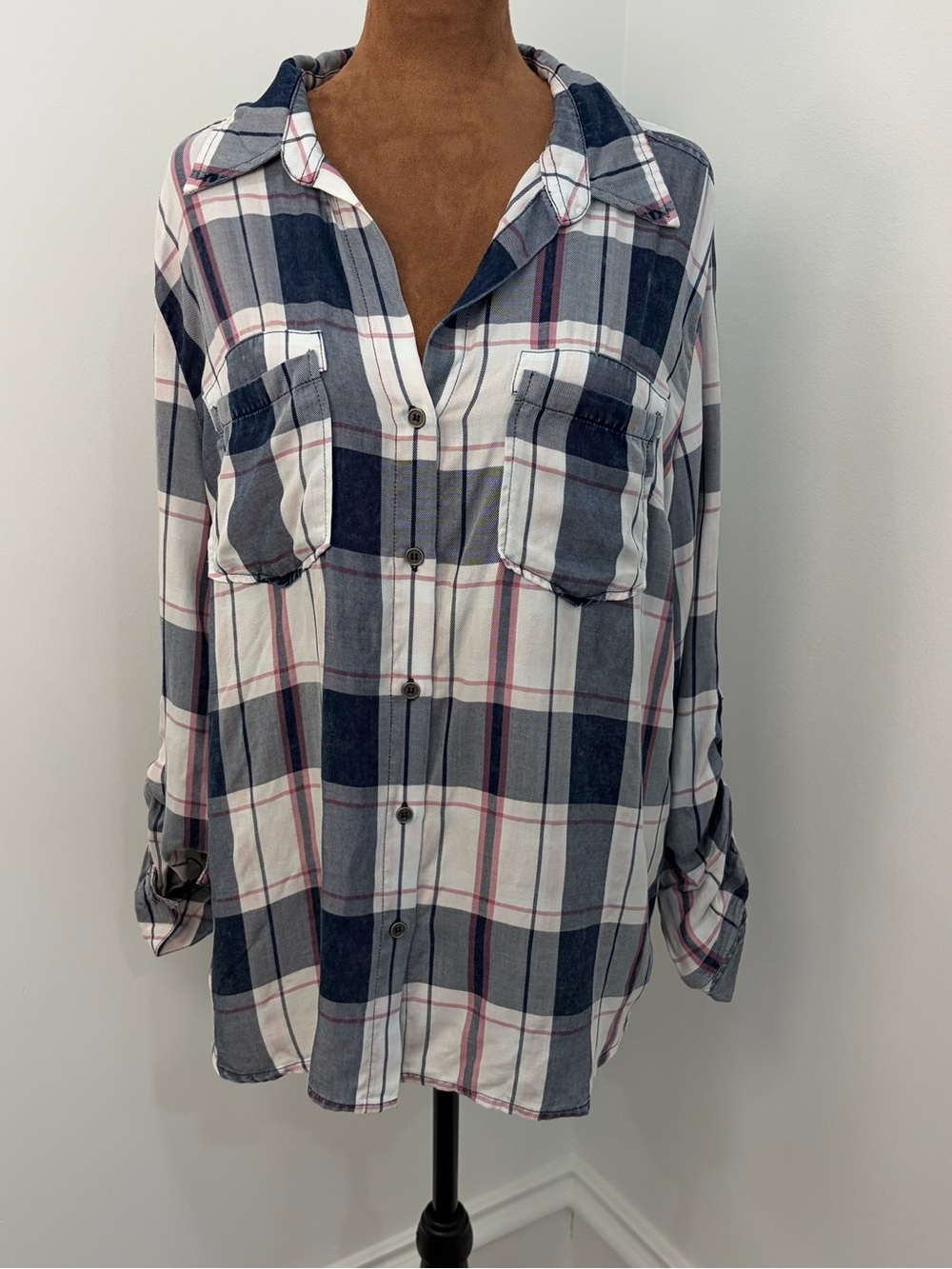 Kut from the Kloth Caillan Navy and White Plaid Button Down Shirt